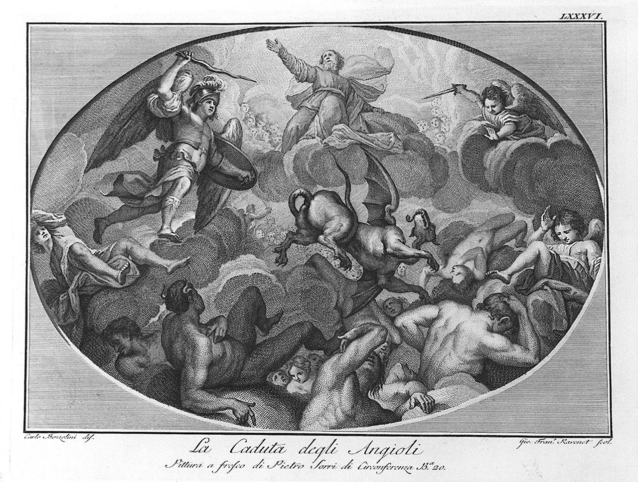 caduta degli angeli ribelli (stampa, elemento d'insieme) di Bozzolini Carlo (sec. XVIII)