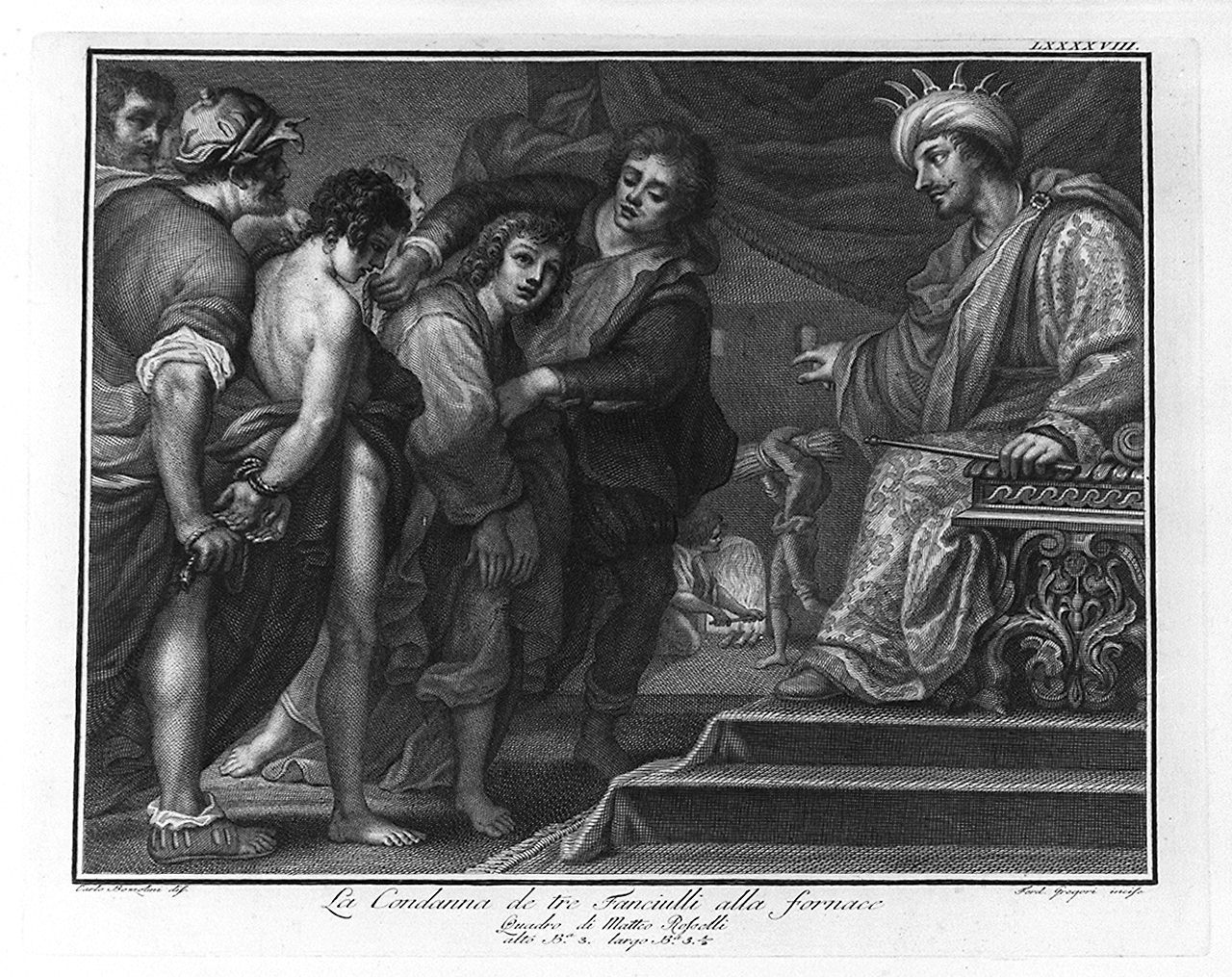 tre giovani Ebrei condannati alla fornace ardente (stampa, elemento d'insieme) di Bozzolini Carlo (sec. XVIII)