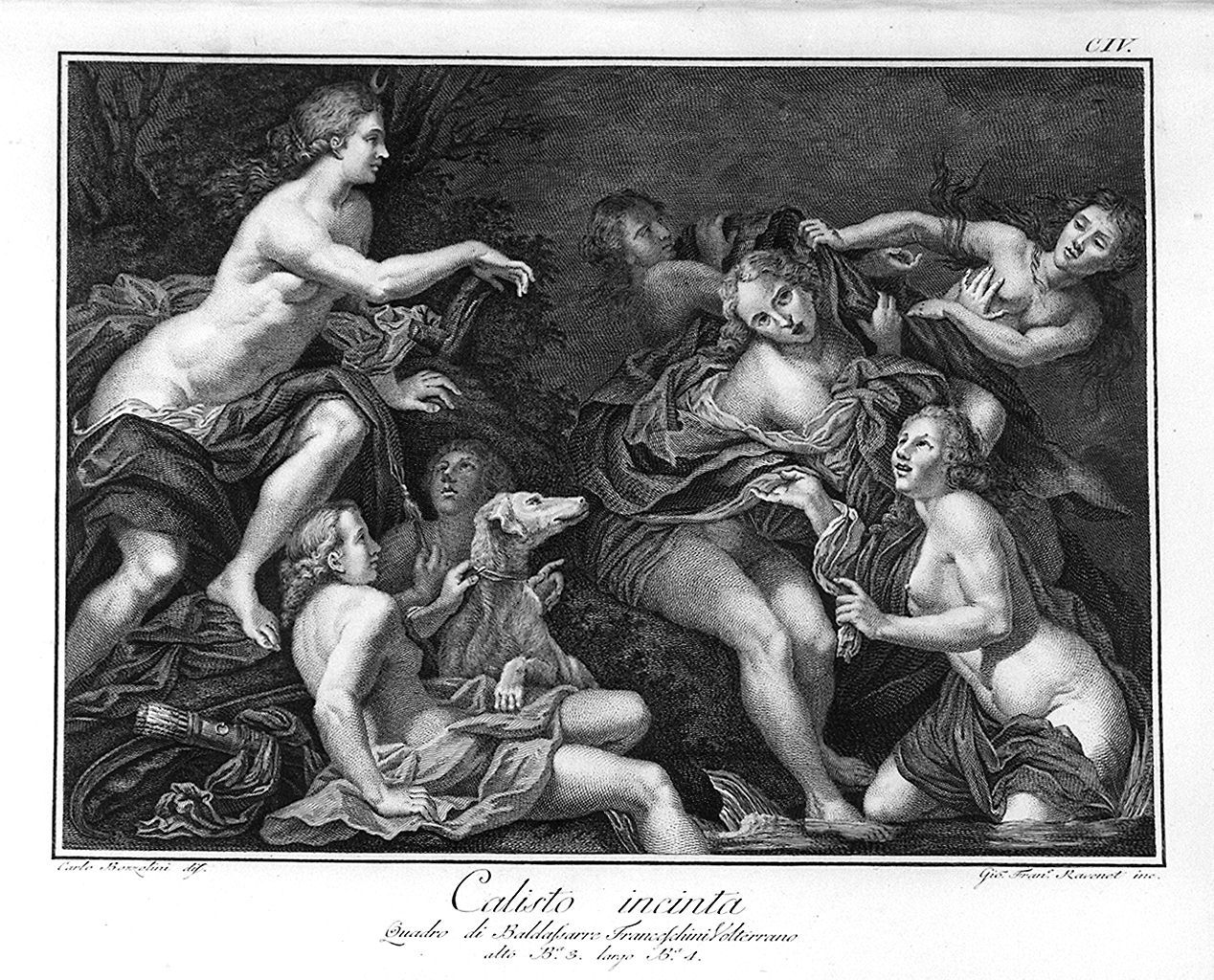 Callisto incinta rimproverata da Diana (stampa, elemento d'insieme) di Bozzolini Carlo (sec. XVIII)