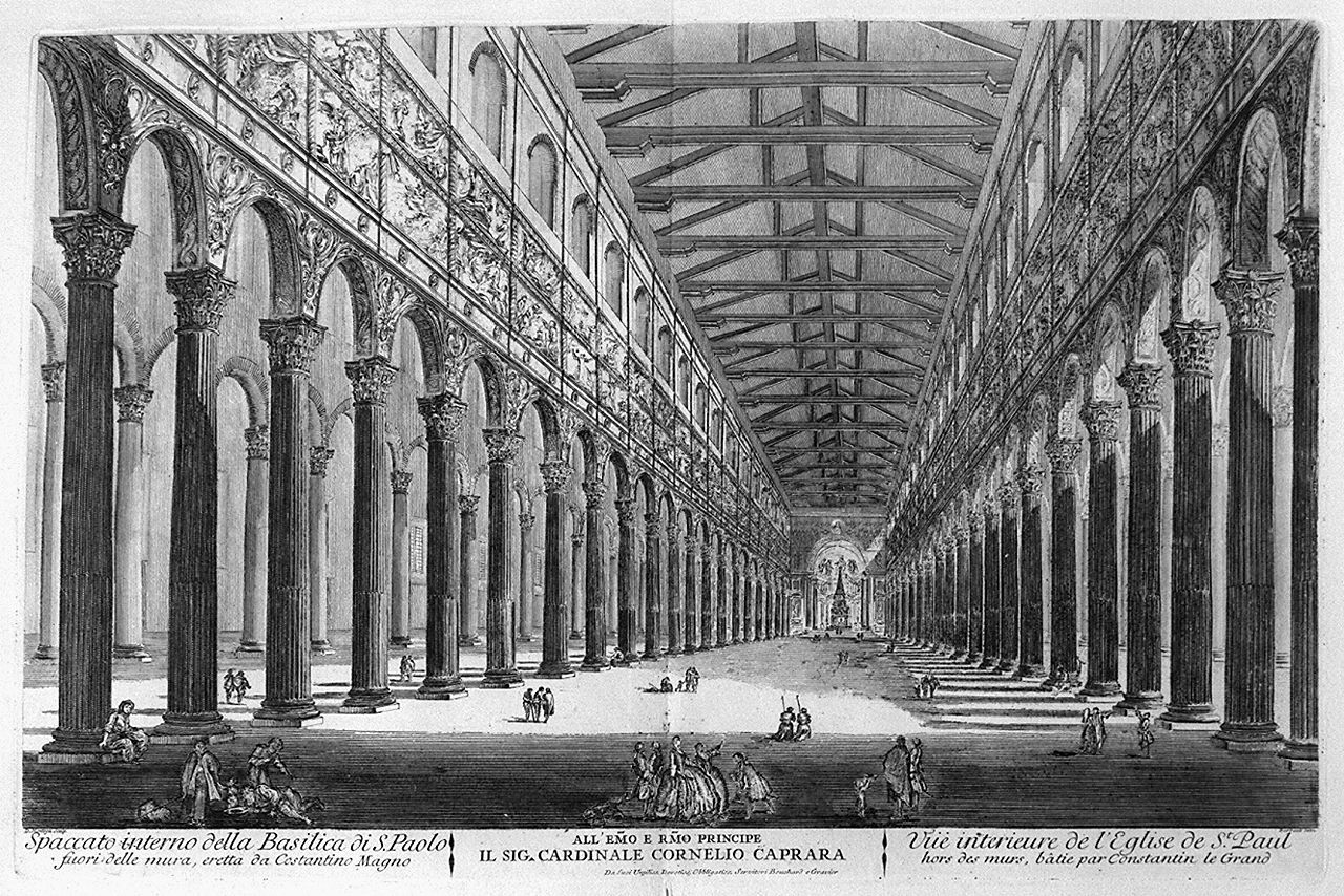 interno della basilica di San Paolo fuori le Mura a Roma (stampa, elemento d'insieme) di Montagu Domenico, Barbault Jean (sec. XVIII)