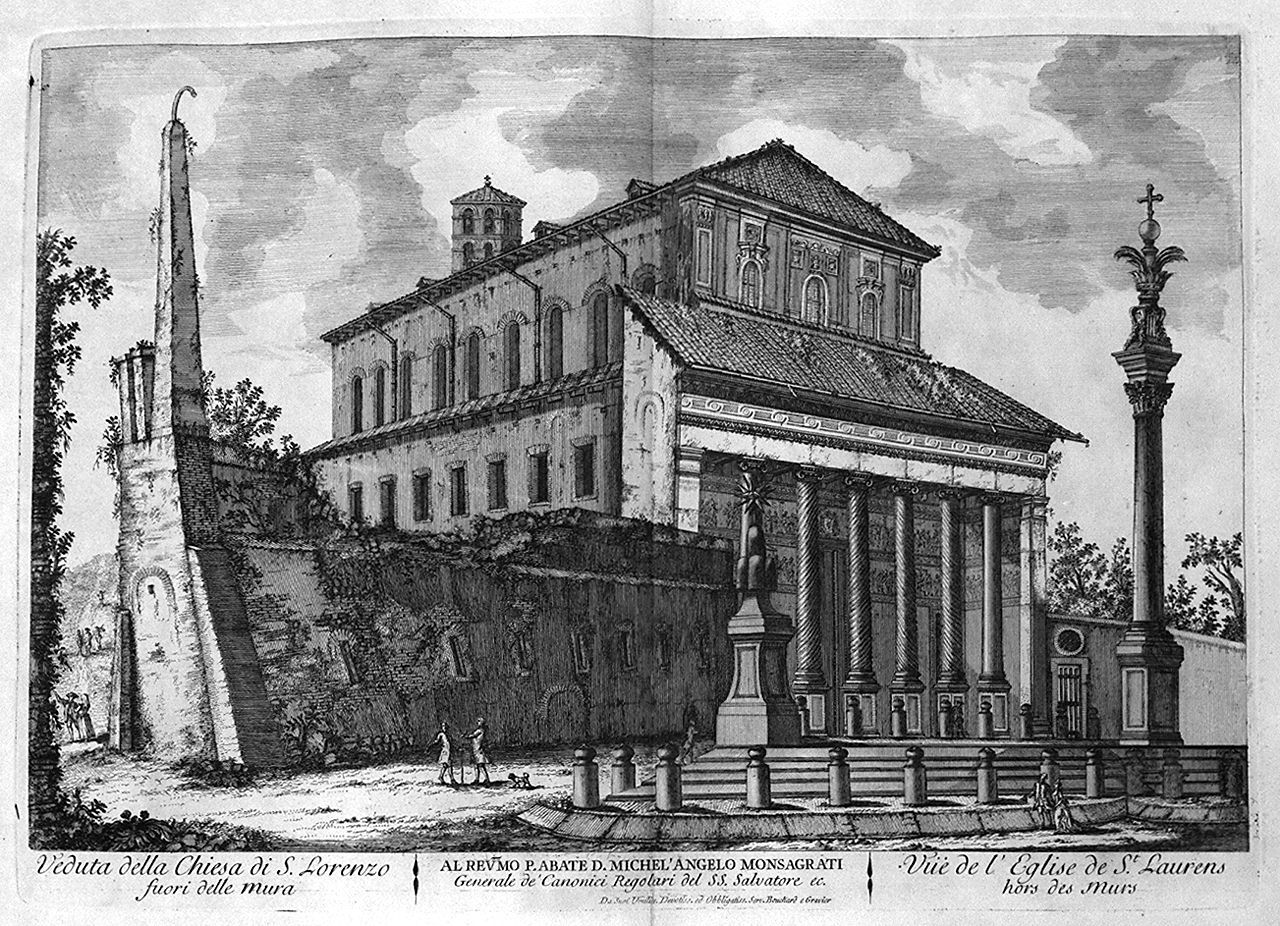 veduta della basilica di San Lorenzo fuori le mura a Roma (stampa, elemento d'insieme) di Montagu Domenico, Barbault Jean (sec. XVIII)