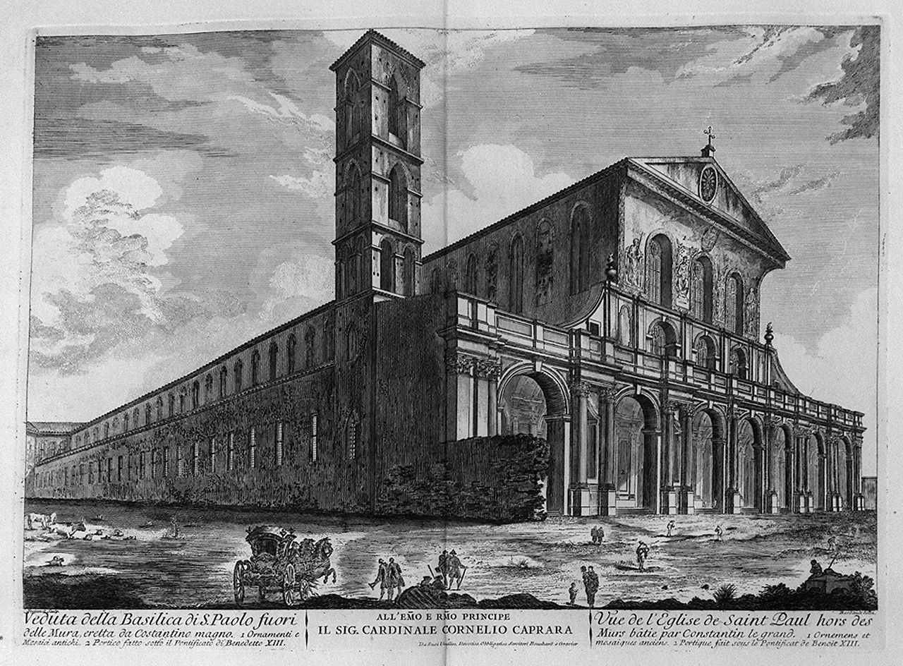 veduta della basilica di San Paolo fuori le mura a Roma (stampa, elemento d'insieme) di Montagu Domenico, Barbault Jean (sec. XVIII)