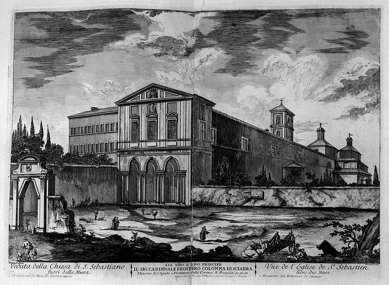 veduta della chiesa di San Sebastiano fuori le mura a Roma (stampa, elemento d'insieme) di Montagu Domenico, Barbault Jean (sec. XVIII)