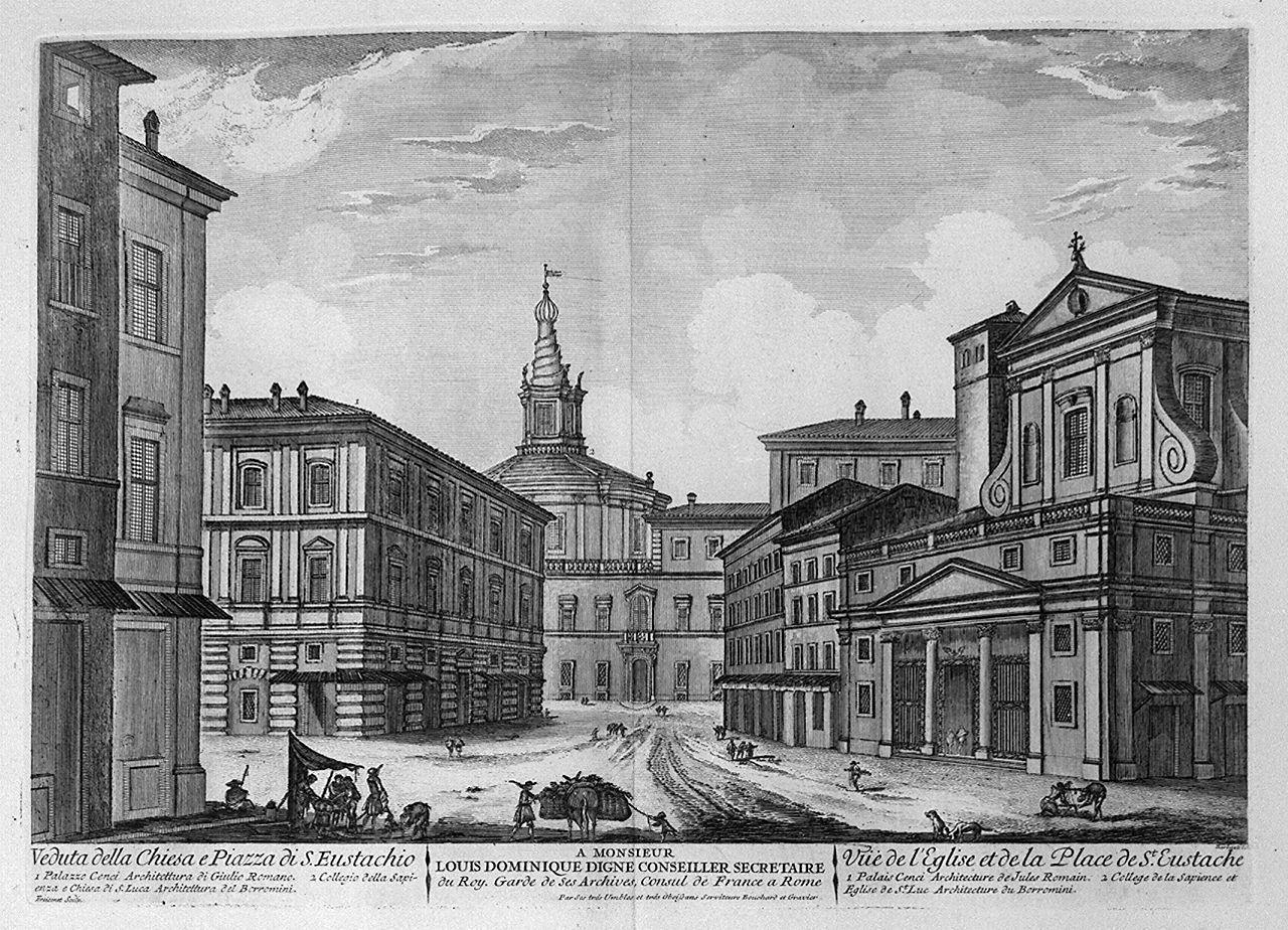 veduta della chiesa e della piazza di Sant'Eustachio a Roma (stampa, elemento d'insieme) di Montagu Domenico, Barbault Jean (sec. XVIII)