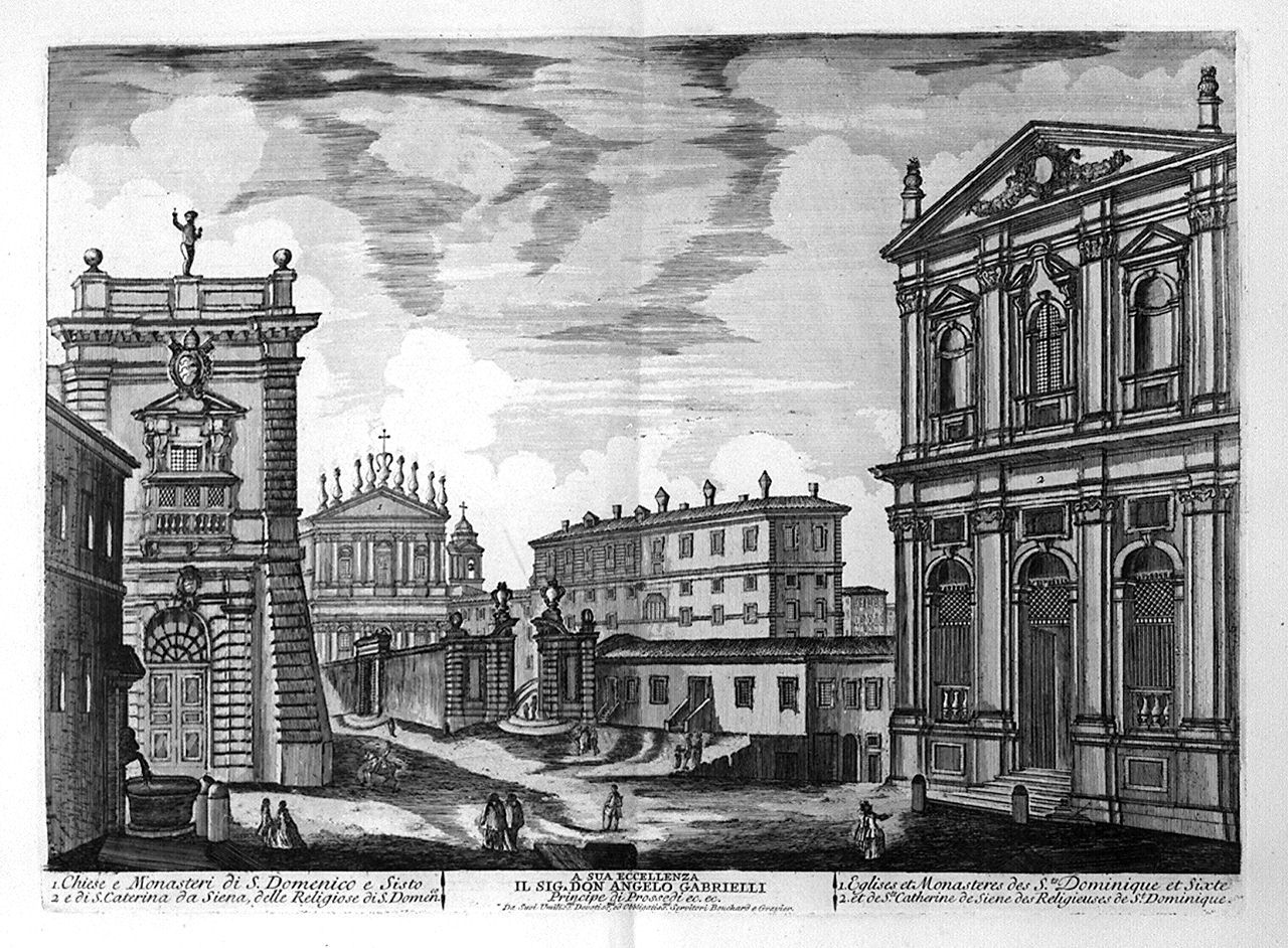 veduta della chiesa di Santa Caterina da Siena e del monastero di San Dome nico a Roma (stampa, elemento d'insieme) di Montagu Domenico, Barbault Jean (sec. XVIII)