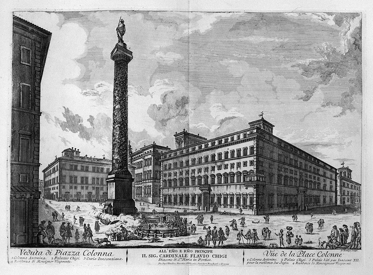 veduta di piazza Colonna a Roma (stampa, elemento d'insieme) di Montagu Domenico, Barbault Jean (sec. XVIII)