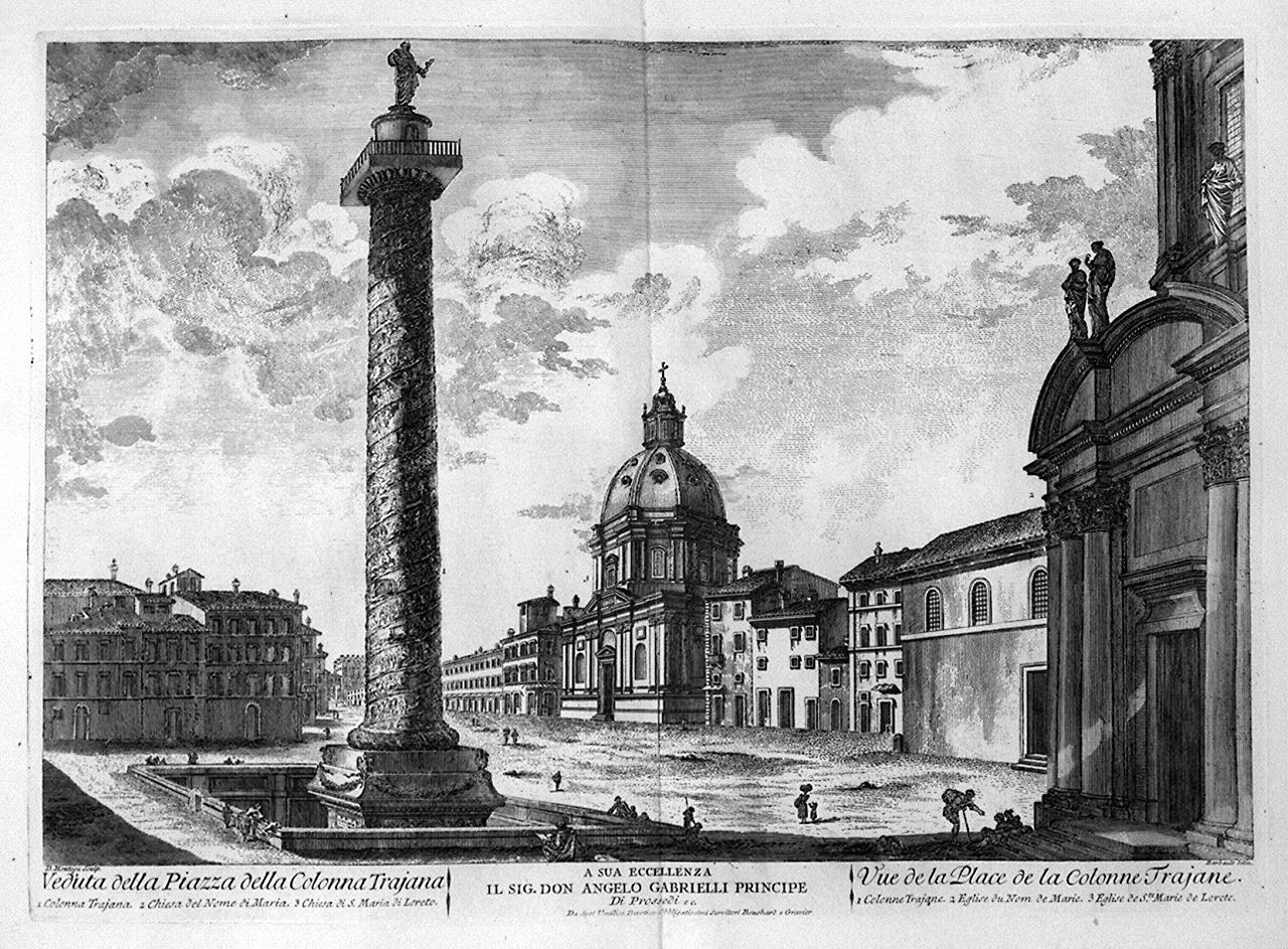 veduta della piazza della Colonna Traiana a Roma (stampa, elemento d'insieme) di Montagu Domenico, Barbault Jean (sec. XVIII)