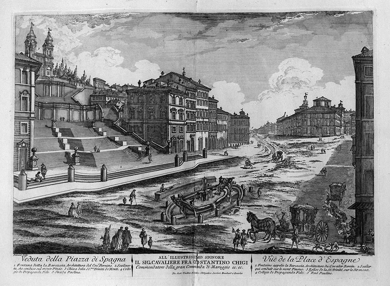 veduta di piazza di Spagna a Roma (stampa, elemento d'insieme) di Barbault Jean (sec. XVIII)