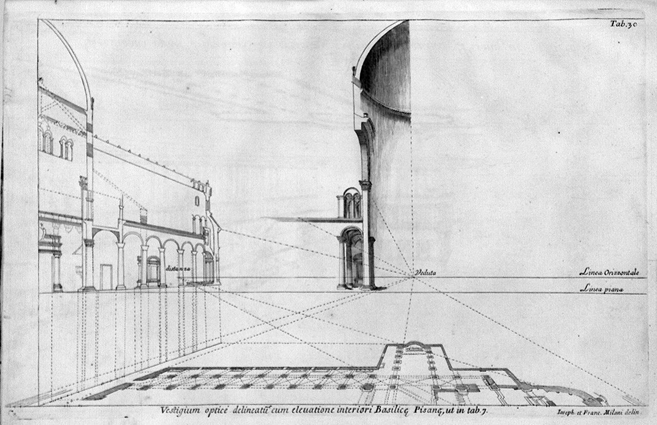 pianta, sezione e prospetto del Duomo di Pisa (stampa, elemento d'insieme) di Melani Giuseppe, Melani Francesco (sec. XVIII)