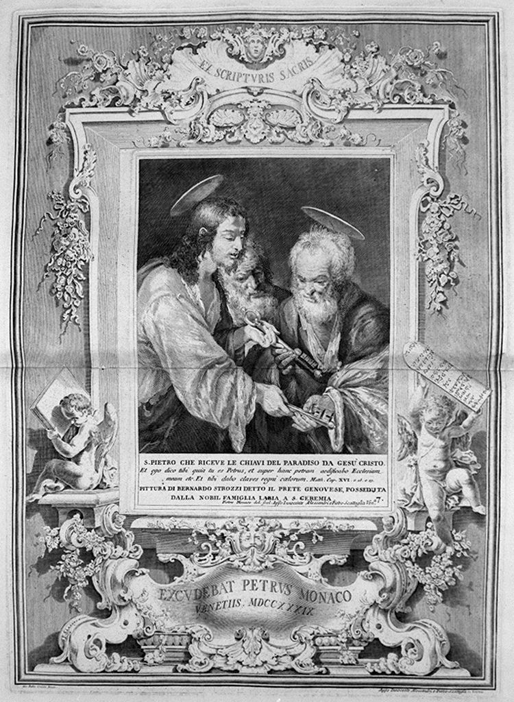 Cristo consegna le chiavi a San Pietro (stampa, stampa composita) di Monaco Pietro, Crosato Giovanni Battista (sec. XVIII, sec. XVIII, sec. XVIII)