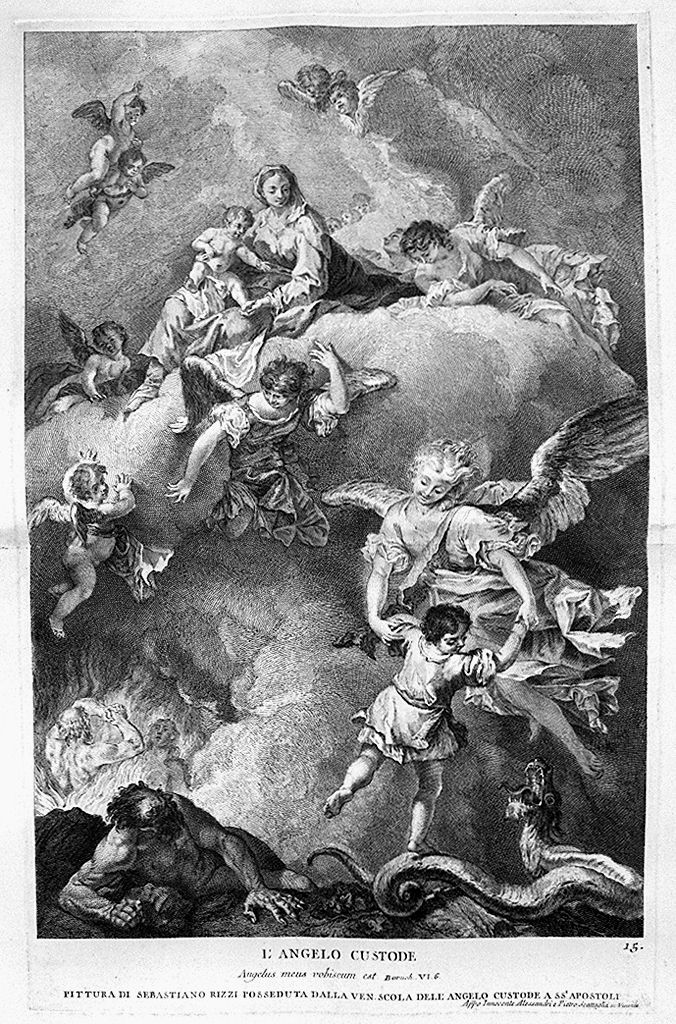 Madonna con Bambino assistono al salvataggio di un bambino da parte del su o angelo custode (stampa, elemento d'insieme) di Monaco Pietro (sec. XVIII, sec. XVIII, sec. XVIII)