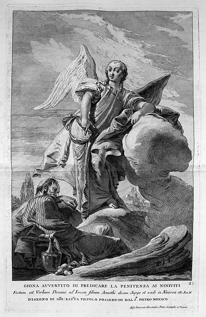 apparizione dell'angelo a Giona (stampa, elemento d'insieme) di Monaco Pietro (sec. XVIII, sec. XVIII, sec. XVIII)