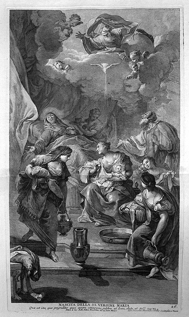 nascita di Maria Vergine (stampa, elemento d'insieme) di Monaco Pietro (sec. XVIII, sec. XVIII, sec. XVIII)