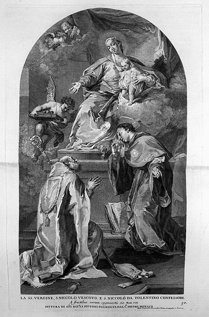 Madonna con Bambino San Niccolò vescovo e San Nicola da Tolentino (stampa, elemento d'insieme) di Monaco Pietro (sec. XVIII, sec. XVIII, sec. XVIII)