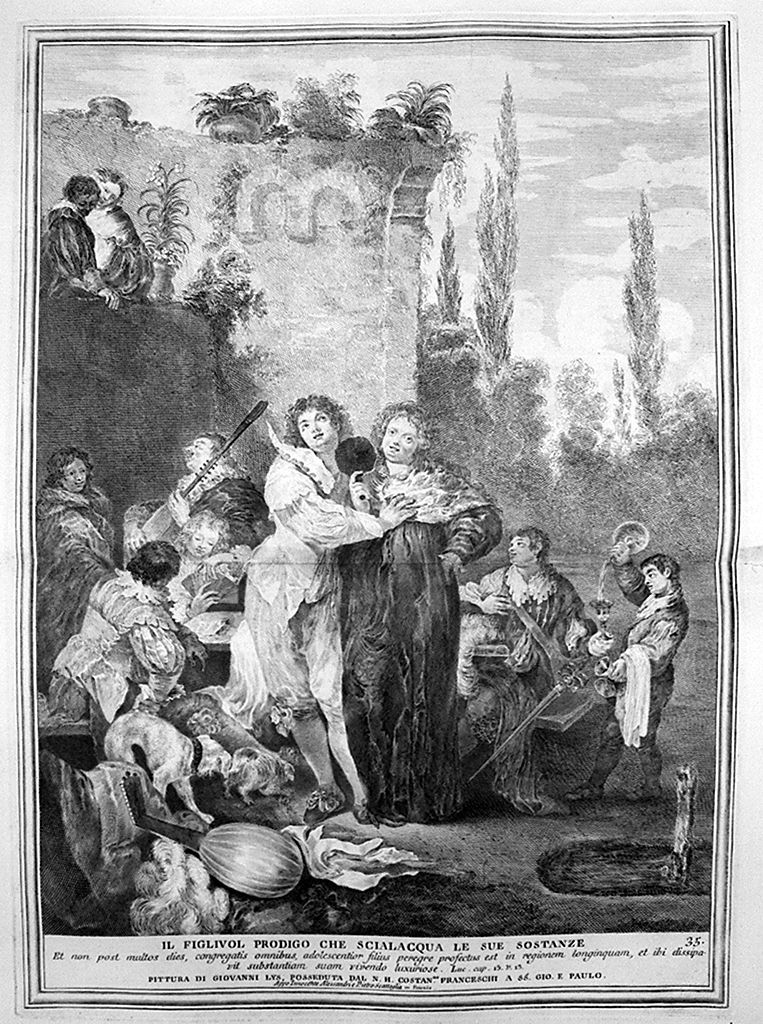 banchetto del figliol prodigo (stampa, elemento d'insieme) di Monaco Pietro (sec. XVIII, sec. XVIII, sec. XVIII)