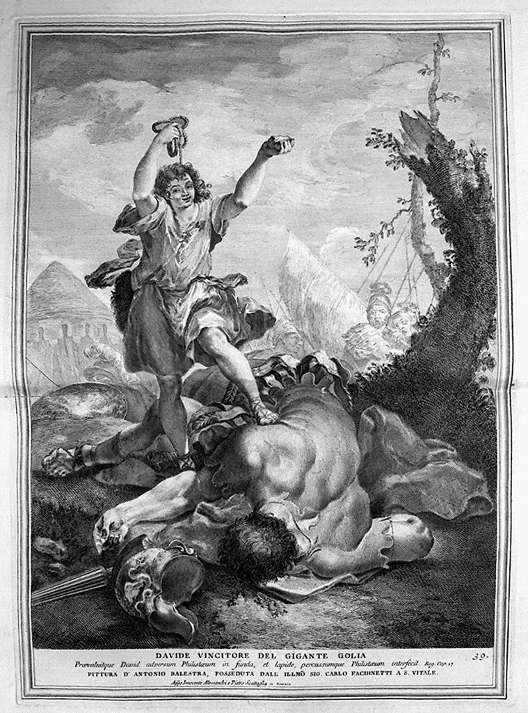 David decapita Golia (stampa, elemento d'insieme) di Monaco Pietro (sec. XVIII, sec. XVIII, sec. XVIII)
