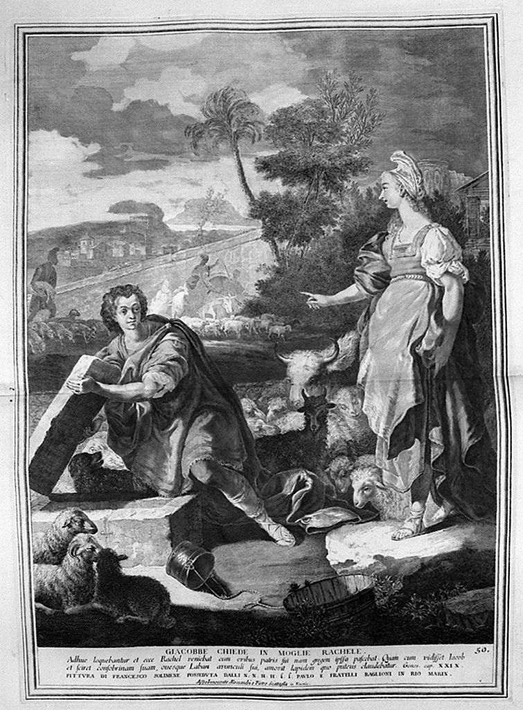 Giacobbe e Rachele al pozzo (stampa, elemento d'insieme) di Monaco Pietro (sec. XVIII, sec. XVIII, sec. XVIII)