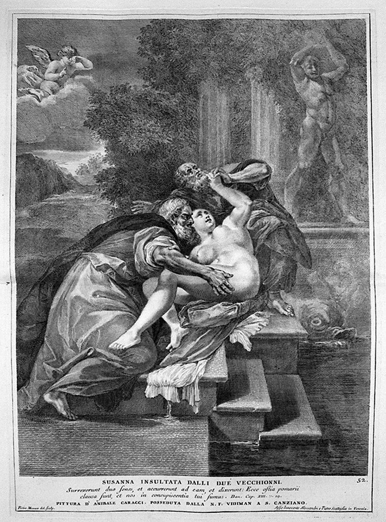 Susanna e i vecchioni (stampa, elemento d'insieme) di Monaco Pietro (sec. XVIII, sec. XVIII, sec. XVIII)
