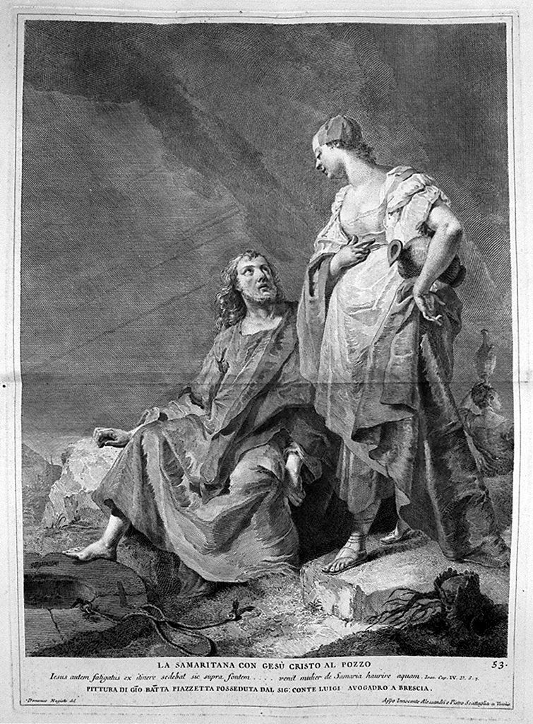 Samaritana al pozzo (stampa, elemento d'insieme) di Monaco Pietro (sec. XVIII, sec. XVIII, sec. XVIII)