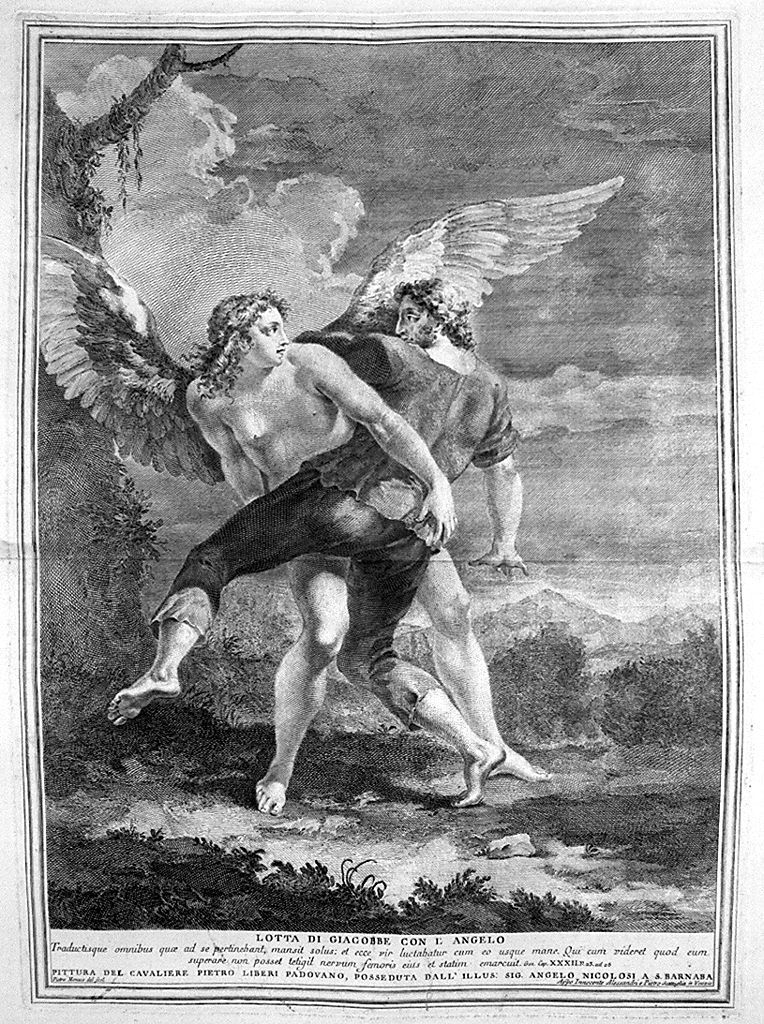 Giacobbe lotta con l'angelo (stampa, elemento d'insieme) di Monaco Pietro (sec. XVIII, sec. XVIII, sec. XVIII)