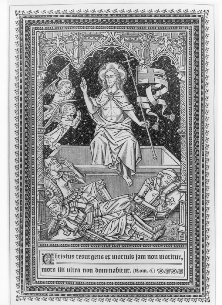 Christus resurgens ex mortuis jam non moritur, mors illi ultra non dominab itur. (Rom. 6), Cristo risorto (stampa, serie) - ambito fiammingo (sec. XX)