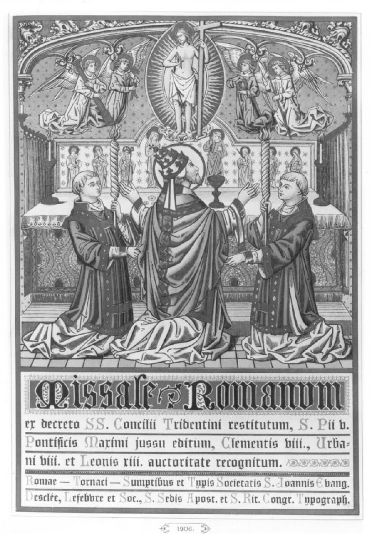 Pio V celebra la messa tra due diaconi (stampa a colori, elemento d'insieme) - ambito fiammingo (sec. XX)