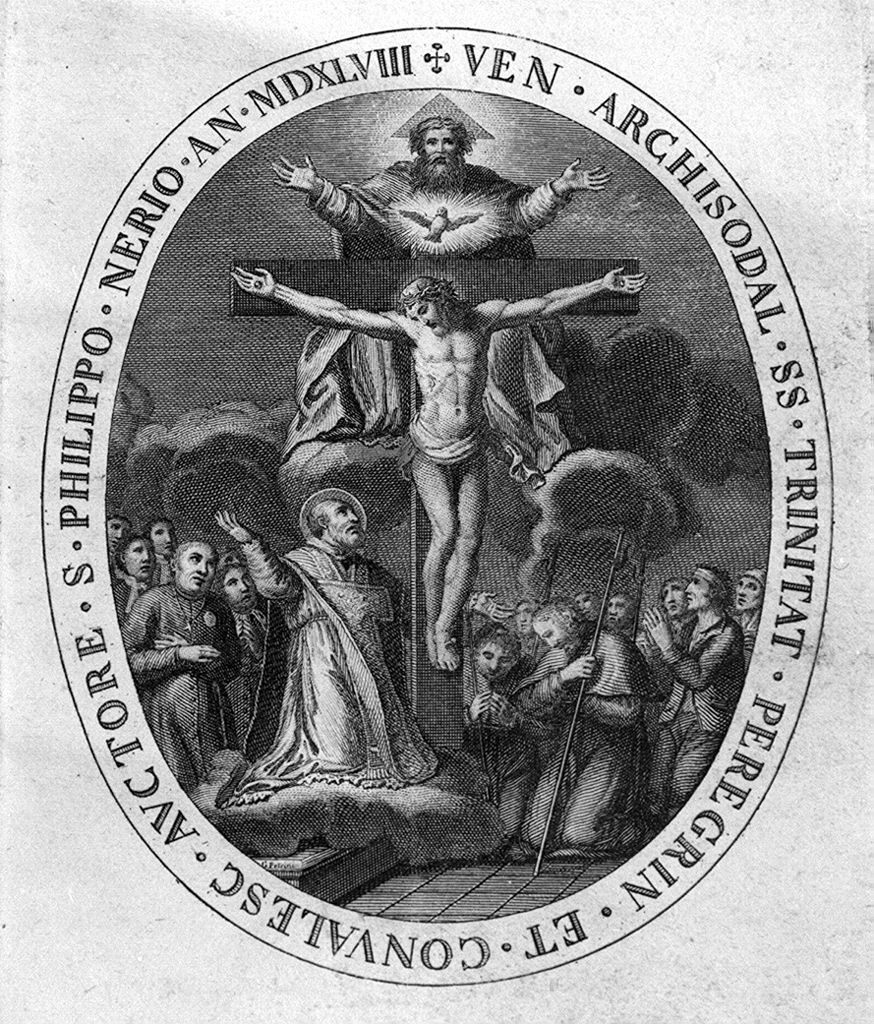 Trinità adorata da San Filippo Neri e da pellegrini (stampa) di Petrini Giovanni (sec. XIX)