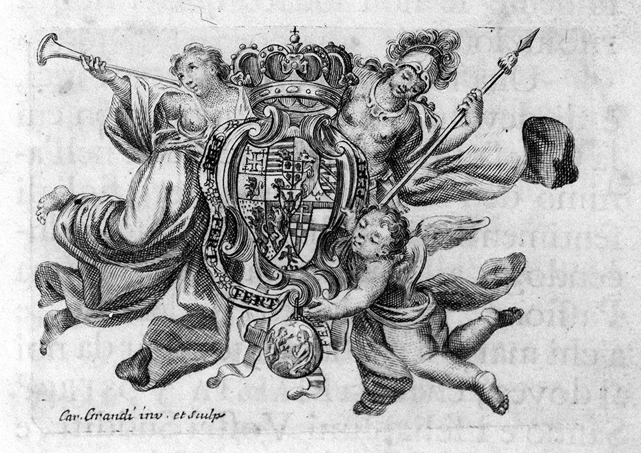 figure allegoriche sorreggenti lo stemma di Carlo Emanuele di Savoia (stampa, elemento d'insieme) di Grandi Carlo (sec. XVIII)