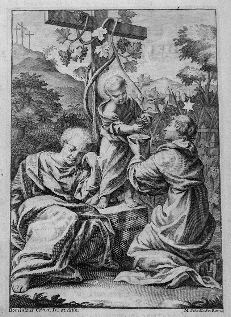 Gesù Bambino offre del vino simbolo del suo sangue alla Madonna (stampa, elemento d'insieme) di Schedel Martin, Corvi Domenico (sec. XVIII)