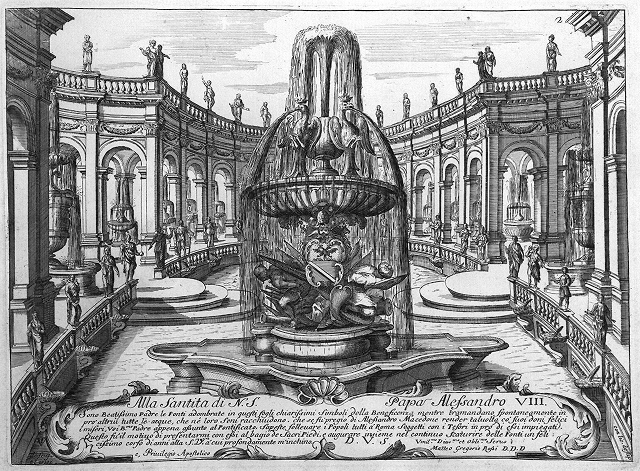 fontana al centro di cortile porticato (stampa, elemento d'insieme) di Girelli Pietro Paolo, Vergelli Tiburzio (sec. XVII)
