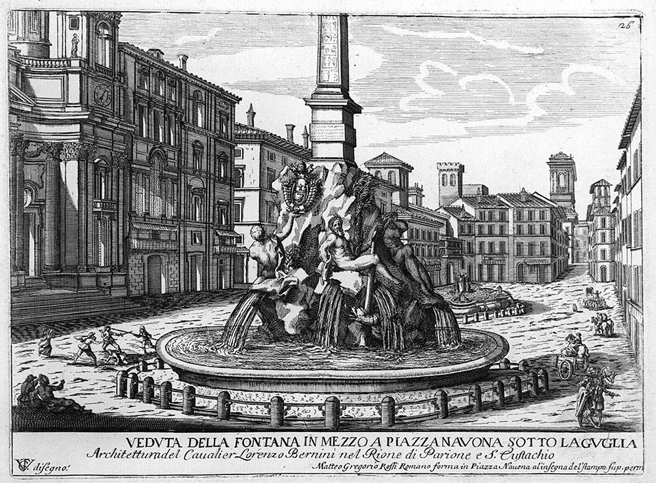 fontana dei Fiumi in piazza Navona a Roma (stampa, elemento d'insieme) di Girelli Pietro Paolo, Vergelli Tiburzio (sec. XVII)