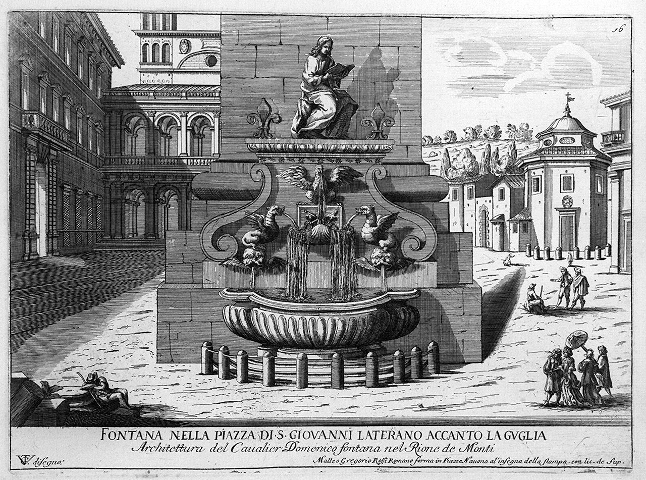 fontana di piazza San Giovanni in Laterano a Roma (stampa, elemento d'insieme) di Girelli Pietro Paolo, Vergelli Tiburzio (sec. XVII)