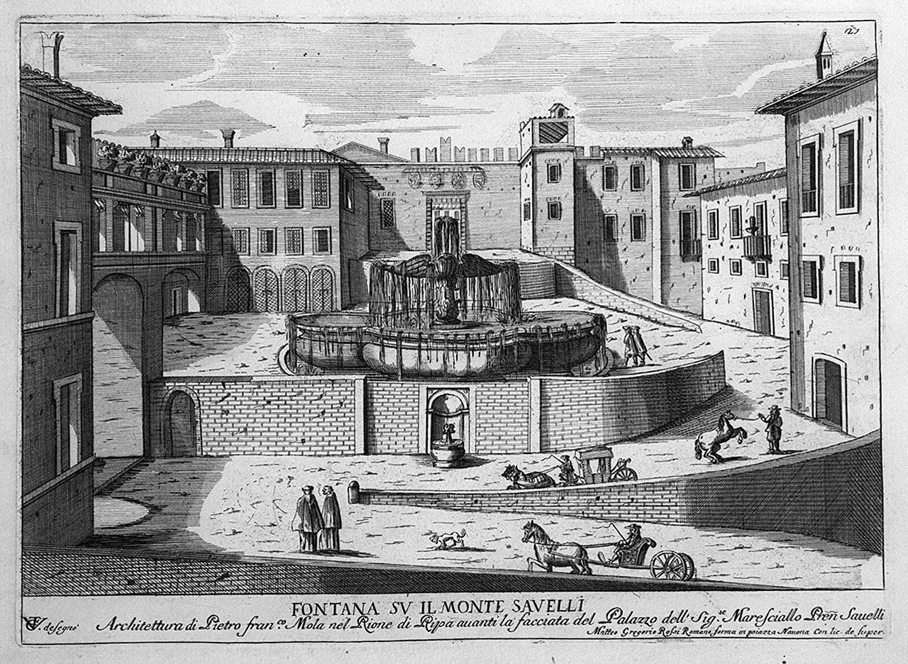 fontana antistante palazzo Savelli a Roma (stampa, elemento d'insieme) di Girelli Pietro Paolo, Vergelli Tiburzio (sec. XVII)