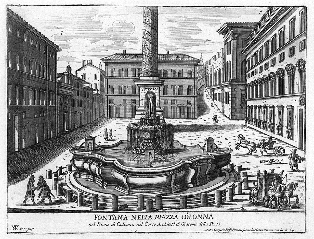 fontana di piazza Colonna a Roma (stampa, elemento d'insieme) di Girelli Pietro Paolo, Vergelli Tiburzio (sec. XVII)