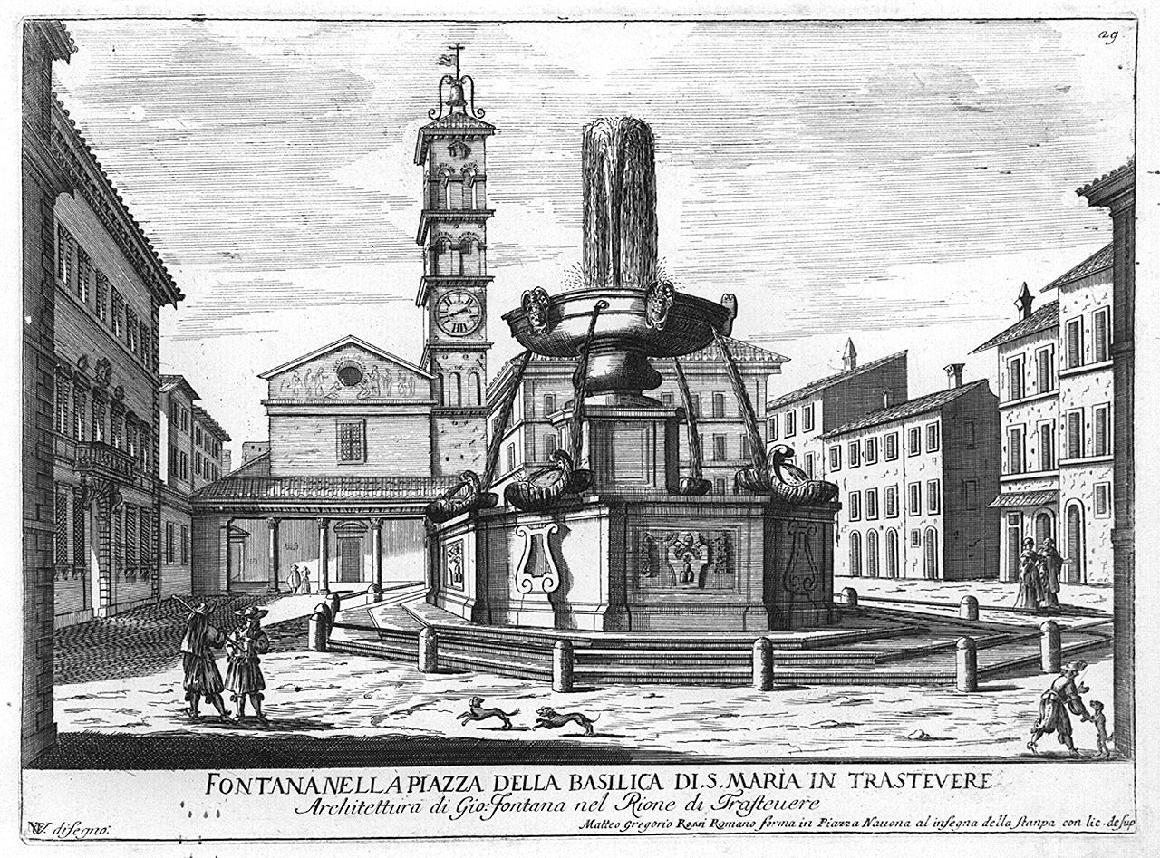 fontana di piazza Santa Maria in Trastevere a Roma (stampa, elemento d'insieme) di Girelli Pietro Paolo, Vergelli Tiburzio (sec. XVII)