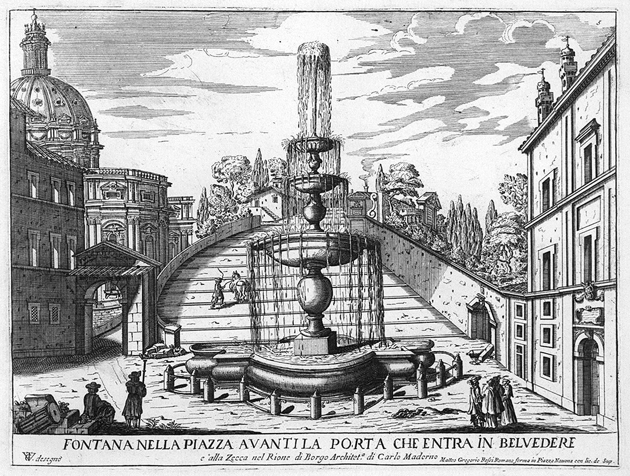 fontana antistante l'ingresso del cortile del Belvedere in Vaticano (stampa, elemento d'insieme) di Girelli Pietro Paolo, Vergelli Tiburzio (sec. XVII)