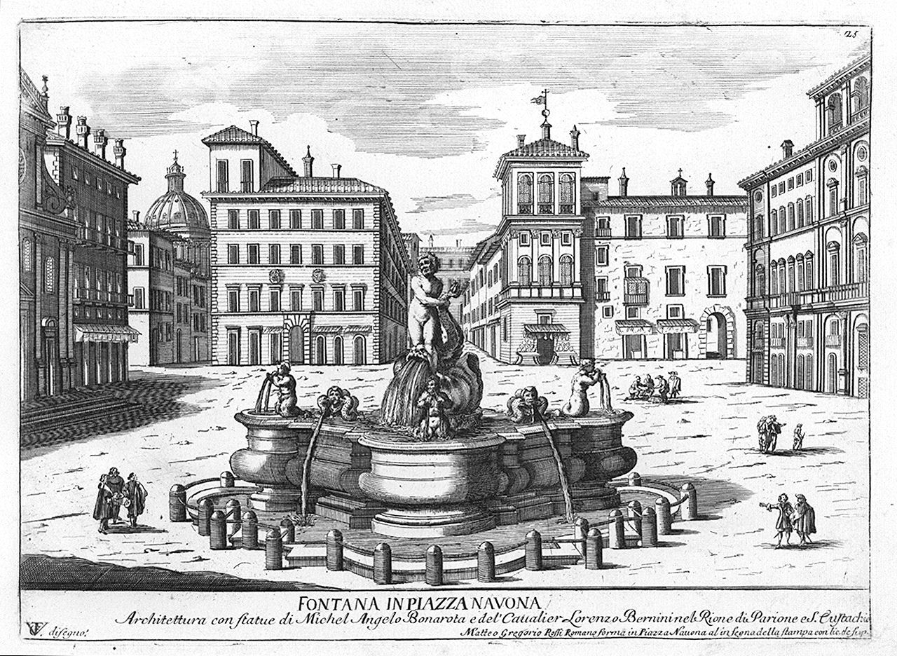 fontana di piazza Navona a Roma (stampa) di Girelli Pietro Paolo, Vergelli Tiburzio (sec. XVII)