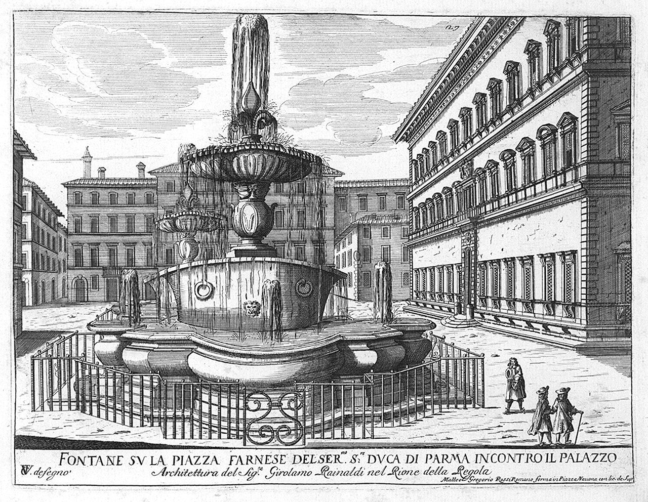 fontane di piazza Farnese a Roma (stampa) di Girelli Pietro Paolo, Vergelli Tiburzio (sec. XVII)