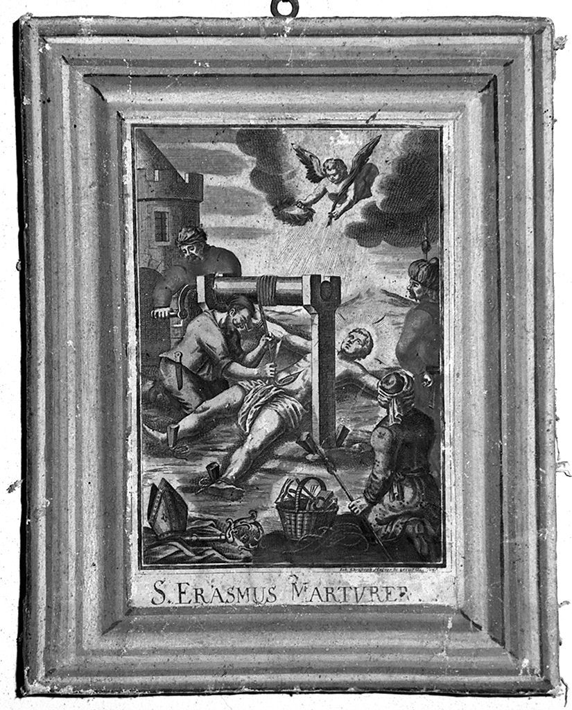 martirio di Sant'Erasmo (stampa colorata a mano smarginata) di Hafner Johann Christoph (secc. XVII/ XVIII)