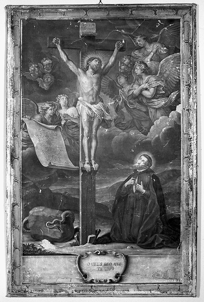 Cristo crocifisso con San Francesco di Sales (stampa smarginata) di Heiss Elias Christoph (secc. XVII/ XVIII)