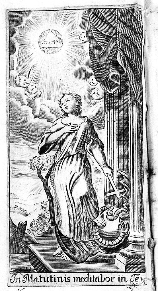 Santa Margherita d'Antiochia ha la visione della Trinità (stampa, elemento d'insieme) di Piccini Isabella (sec. XVIII)