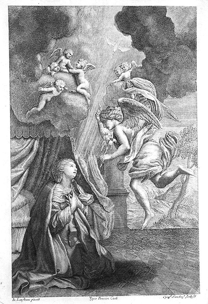 Annunciazione (stampa smarginata, elemento d'insieme) di Santi Ciro, Lanfranco Giovanni (sec. XVIII)