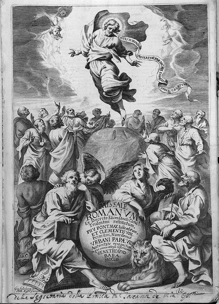 ascensione di Cristo con gli evangelisti e i loro simboli (stampa, elemento d'insieme) di Kuesel Mathaus, Spilnberger Johann (sec. XVII)