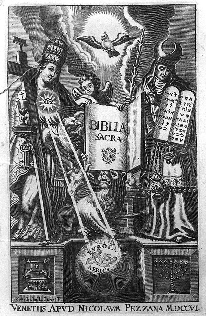allegoria della Chiesa Cattolica che si irradia nel mondo tra simboli religiosi e degli evangelisti (stampa, elemento d'insieme) di Piccini Isabella (sec. XVIII)