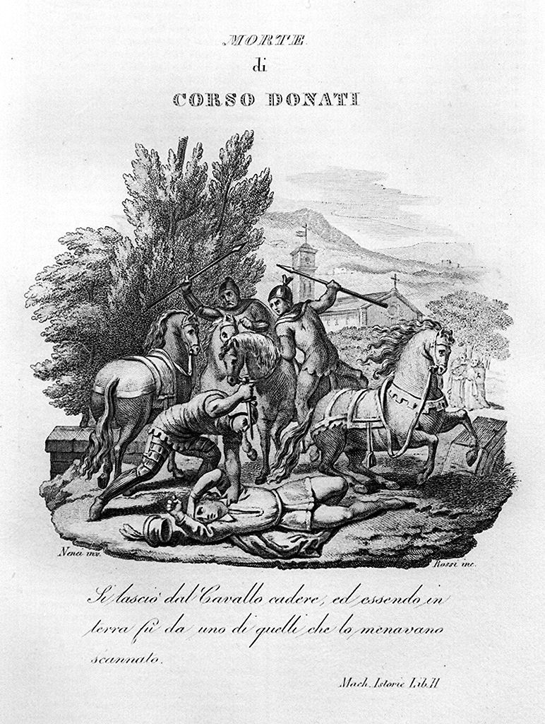 morte di Corso Donati (stampa, elemento d'insieme) di De Rossi Francesco detto Salviati, Nenci Francesco (sec. XIX)