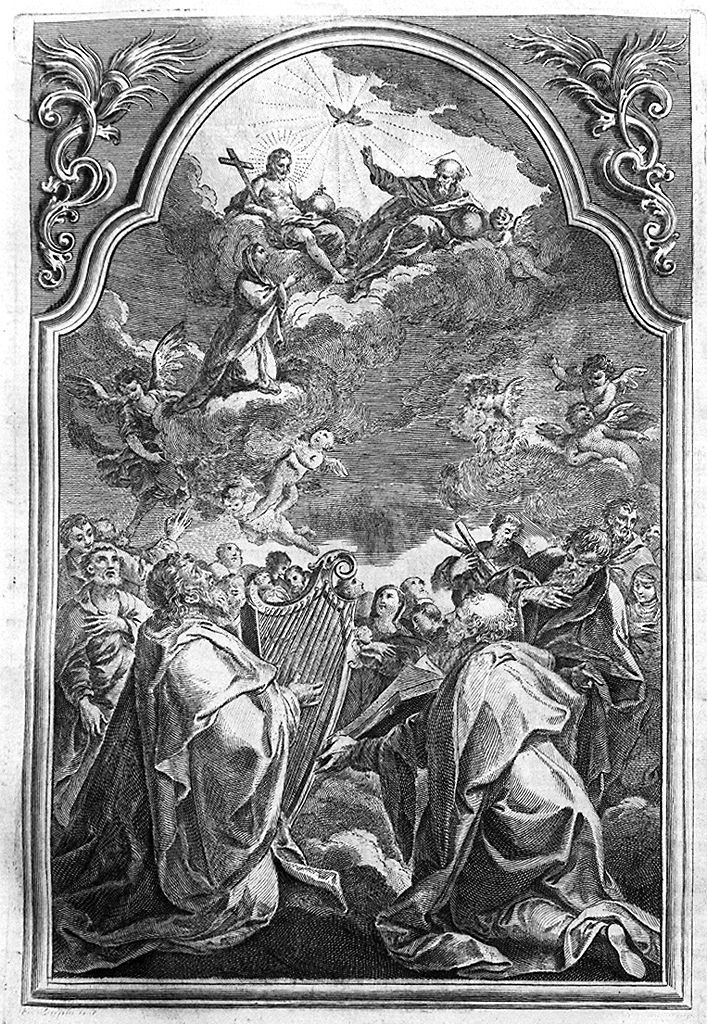 santi in adorazione della Madonna accolta in cielo dalla Trinita' (stampa, elemento d'insieme) di Orsolini Carlo (sec. XVIII)
