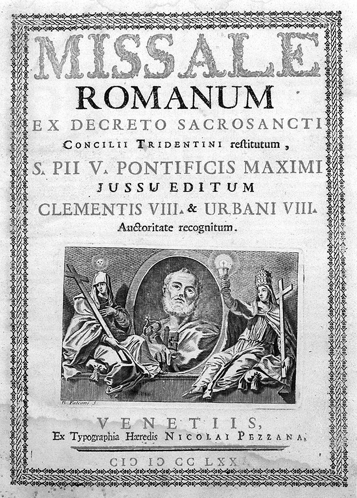 busto di San Pietro entro ovale tra la Fede e la Chiesa (stampa, elemento d'insieme) di Falconi Bernardo (sec. XVIII)