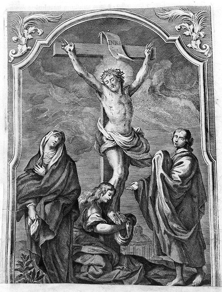 crocifissione di Cristo con la Madonna, San Giovanni evangelista e Santa Maria Maddalena (stampa, elemento d'insieme) di Beylbruck J.M (sec. XVIII)