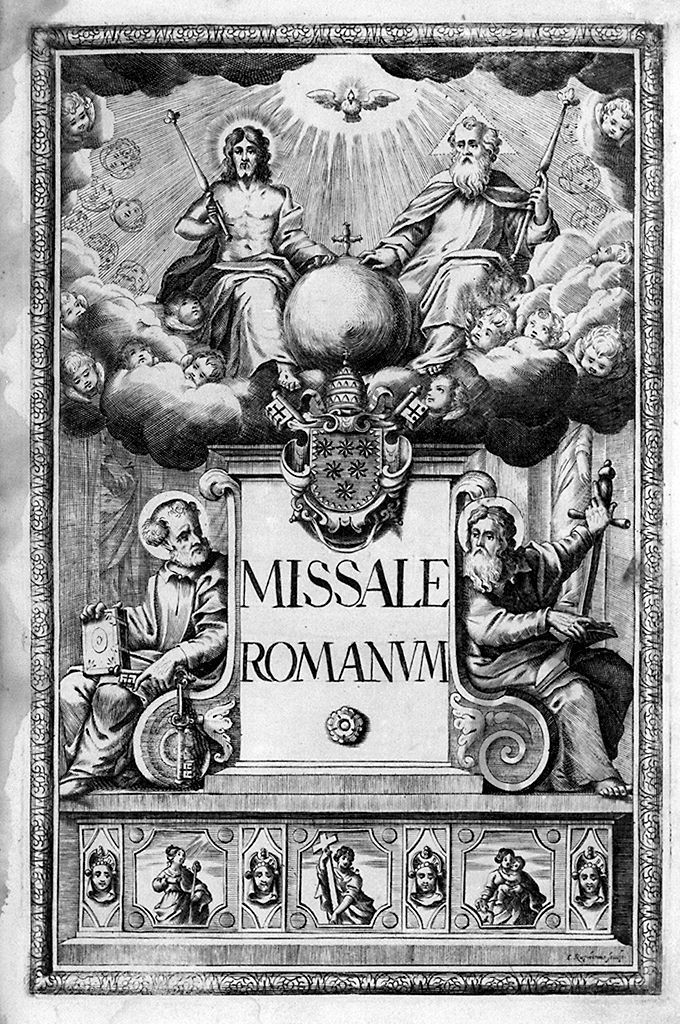 Trinità, San Pietro e San Paolo, Speranza, Fede, Carità e stemma papale di Clemente X (stampa, elemento d'insieme) di Ruphon Jacopo (sec. XVII)