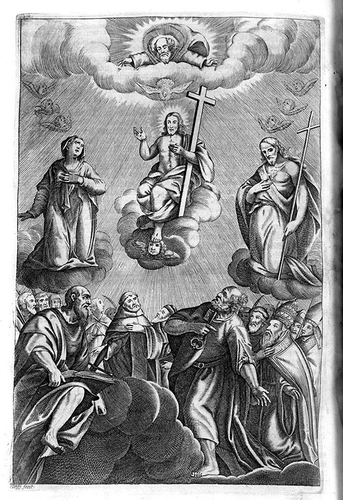 Trinità adorata dalla Madonna, da San Giovanni Battista e santi (stampa, elemento d'insieme) di Loisy Pierre il Giovane (sec. XVII)